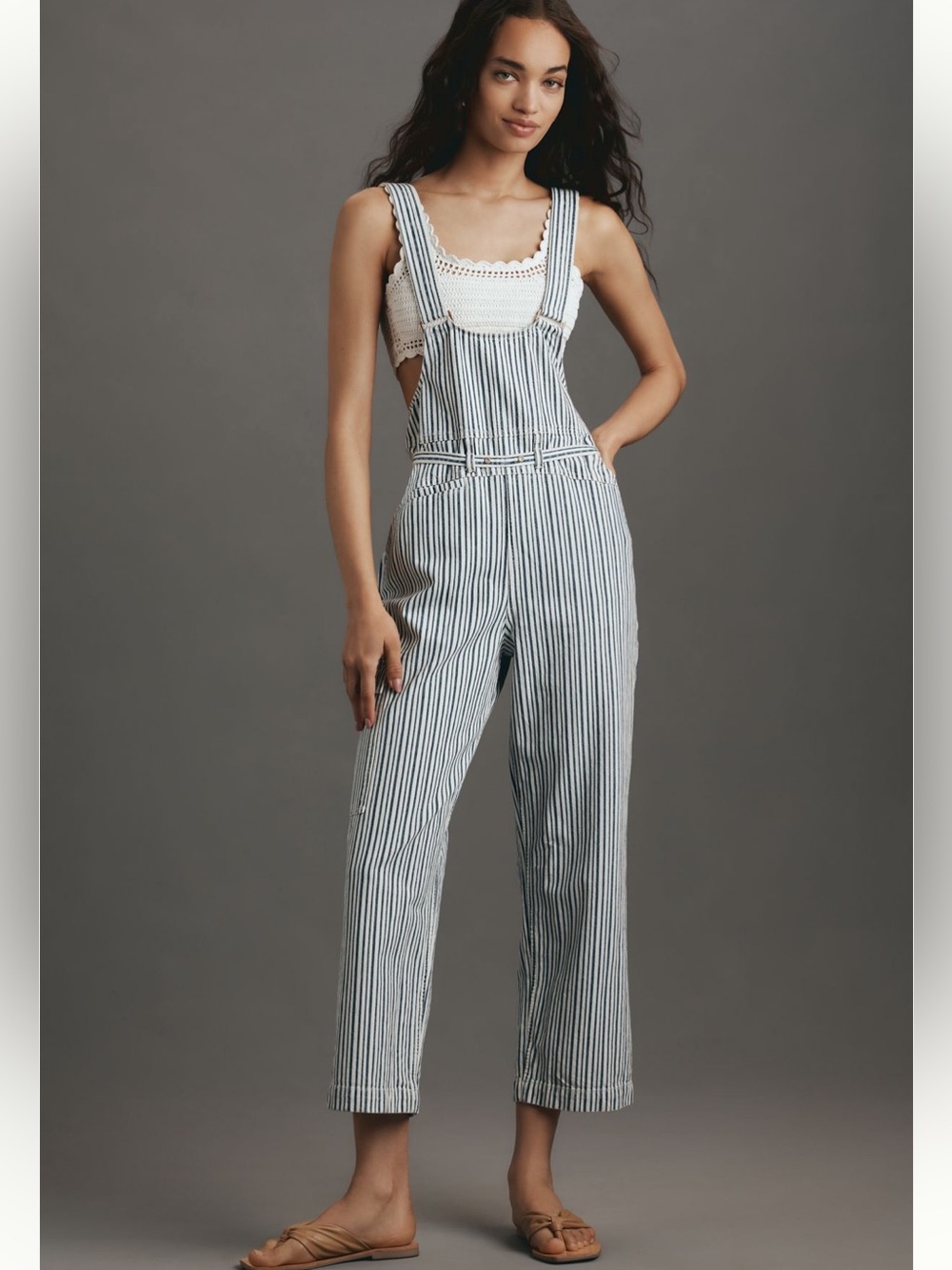 Striped Cotton Blend Overalls - Blue/White